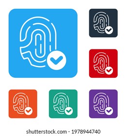 White Fingerprint with check mark icon isolated on white background. ID app icon. Identification sign. Touch id. Set icons in color square buttons. Vector