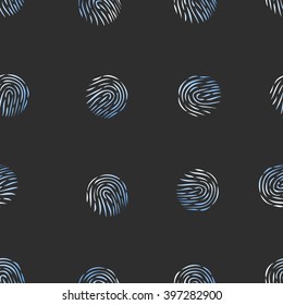 White fingerprints on black background.Seamless pattern. Identification of individuals by fingerprints. Vector illustration