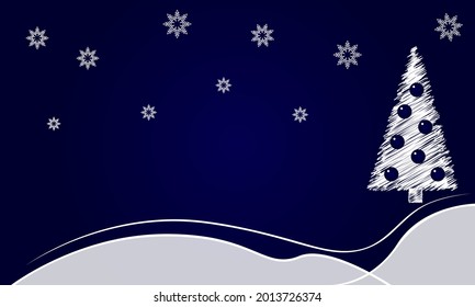 White fir in blue balls, with drifts of snow and snowflakes. Minimalist blue gradients background