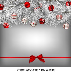  White fir branches covered with snow and decorated with baubles on gray background tied with red bow, Christmas illustration