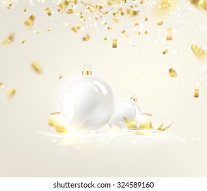 White fir tree toy. Merry christmas card with white background, bokeh lights and confetty. Happy new year card. Vector illustration.