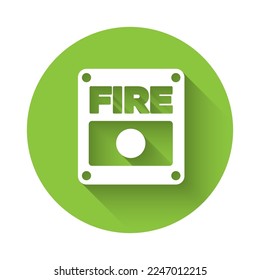White Fire alarm system icon isolated with long shadow. Pull danger fire safety box. Green circle button. Vector