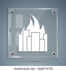 White Fire in burning buildings on city street icon isolated on grey background. Destroyed city on fire. Square glass panels. Vector Illustration