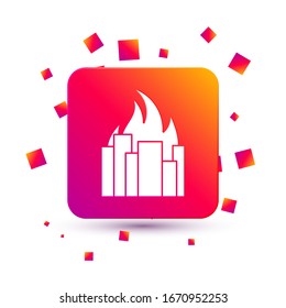 White Fire in burning buildings on city street icon isolated on white background. Destroyed city on fire. Square color button. Vector Illustration