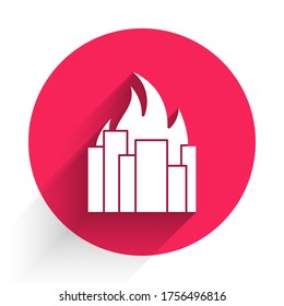 White Fire in burning buildings on city street icon isolated with long shadow. Destroyed city on fire. Red circle button. Vector Illustration
