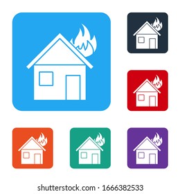 White Fire in burning house icon isolated on white background. Set icons in color square buttons. Vector Illustration