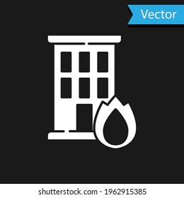 White Fire in burning house icon isolated on black background. Insurance concept. Security, safety, protection, protect concept.  Vector