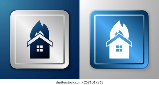 White Fire in burning house icon isolated on blue and grey background. Insurance concept. Security, safety, protection, protect concept. Silver and blue square button. Vector