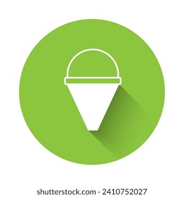 White Fire cone bucket icon isolated with long shadow background. Metal cone bucket empty or with water for fire fighting. Green circle button. Vector