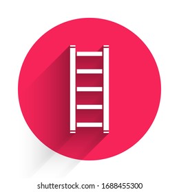 White Fire escape icon isolated with long shadow. Pompier ladder. Fireman scaling ladder with a pole. Red circle button. Vector Illustration