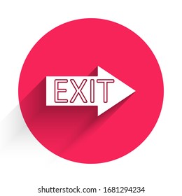 White Fire exit icon isolated with long shadow. Fire emergency icon. Red circle button. Vector Illustration