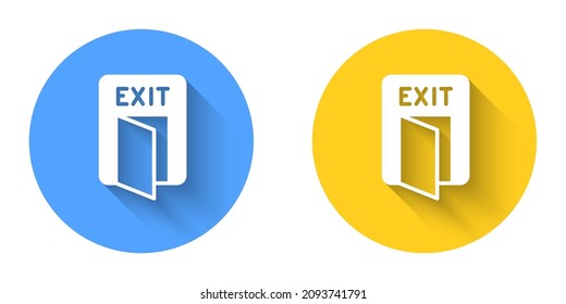 White Fire exit icon isolated with long shadow background. Fire emergency icon. Circle button. Vector