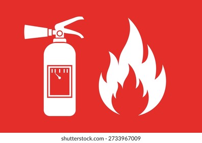 Extintor de incêndio branco e chama na emergência de segurança de fundo vermelho