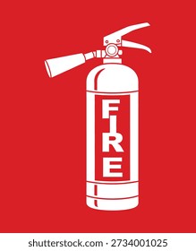 Un extintor de fuego blanco con la palabra FUEGO en letras rojas sobre un fondo rojo sólido. El extintor se representa en un estilo simple y gráfico.