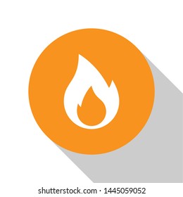 White Fire flame icon isolated on white background. Heat symbol. Orange circle button. Vector Illustration