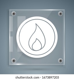 White Fire flame icon isolated on grey background. Square glass panels. Vector Illustration