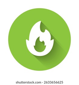 White Fire flame icon isolated with long shadow background. Green circle button. Vector