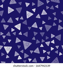 White Fire flame in triangle icon isolated seamless pattern on blue background. Warning sign of flammable product.  Vector Illustration