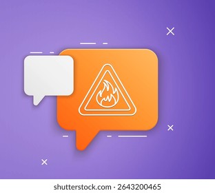 White Fire flame in triangle icon isolated on purple background. Warning sign of flammable product. Orange speech bubble symbol. Vector