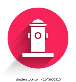 White Fire hydrant icon isolated with long shadow. Red circle button. Vector Illustration