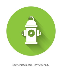 White Fire hydrant icon isolated with long shadow. Green circle button. Vector