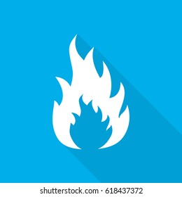 White fire icon in flat design. Vector illustration. Symbol of fire with long shadow on blue background.