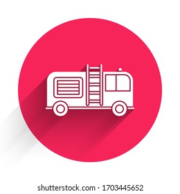 White Fire truck icon isolated with long shadow. Fire engine. Firefighters emergency vehicle. Red circle button. Vector Illustration