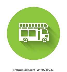 White Fire truck icon isolated with long shadow. Fire engine. Firefighters emergency vehicle. Green circle button. Vector