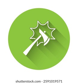 White Firefighter axe icon isolated with long shadow. Fire axe. Green circle button. Vector