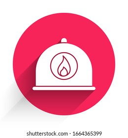 White Firefighter helmet or fireman hat icon isolated with long shadow. Red circle button. Vector Illustration