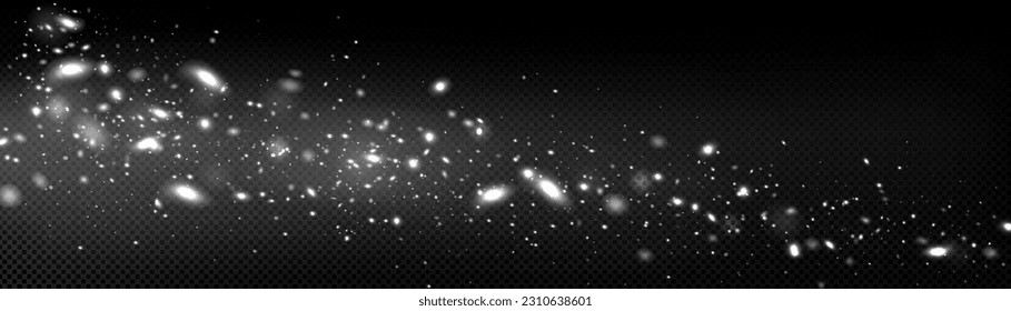 White firefly light glow flowing. Star particle spell overlay on transparent background dark space. Isolated fluorescent starlight bokeh vector effect illustration. Mysterious magic glitter sparkle.