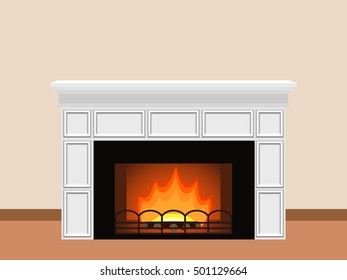 White fireplace with fire and firewood. Elements of home design. Vector illustration.