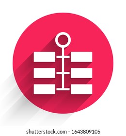 White Firework icon isolated with long shadow. Concept of fun party. Explosive pyrotechnic symbol. Red circle button. Vector Illustration