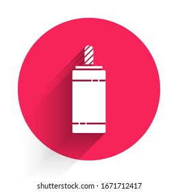 White Firework icon isolated with long shadow. Concept of fun party. Explosive pyrotechnic symbol. Red circle button. Vector Illustration