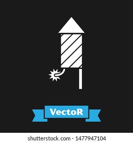 White Firework rocket icon isolated on black background. Concept of fun party. Explosive pyrotechnic symbol.  Vector Illustration