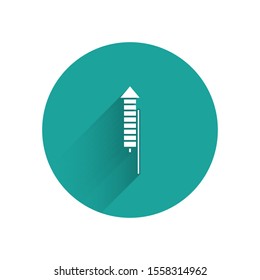 White Firework rocket icon isolated with long shadow. Concept of fun party. Explosive pyrotechnic symbol. Green circle button. Vector Illustration
