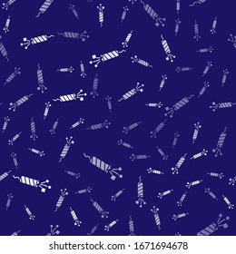 White Firework rocket icon isolated seamless pattern on blue background. Concept of fun party. Explosive pyrotechnic symbol.  Vector Illustration