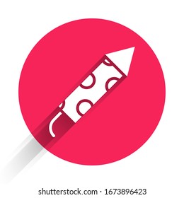 White Firework rocket icon isolated with long shadow. Concept of fun party. Explosive pyrotechnic symbol. Red circle button. Vector Illustration