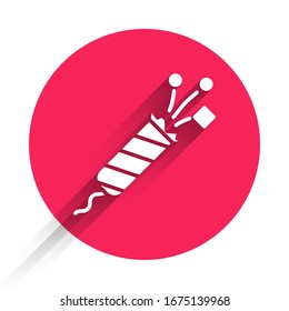 White Firework rocket icon isolated with long shadow. Concept of fun party. Explosive pyrotechnic symbol. Red circle button. Vector Illustration