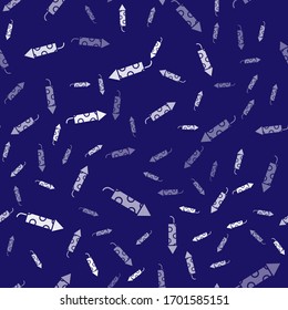 White Firework rocket icon isolated seamless pattern on blue background. Concept of fun party. Explosive pyrotechnic symbol.  Vector Illustration