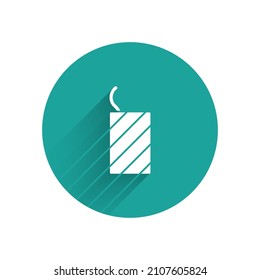 White Firework rocket icon isolated with long shadow. Concept of fun party. Explosive pyrotechnic symbol. Green circle button. Vector