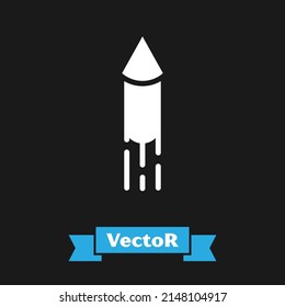 White Firework rocket icon isolated on black background. Concept of fun party. Explosive pyrotechnic symbol.  Vector