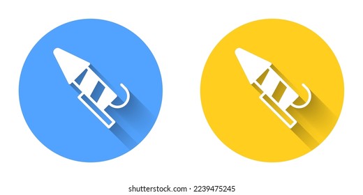 White Firework rocket icon isolated with long shadow background. Concept of fun party. Explosive pyrotechnic symbol. Circle button. Vector
