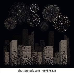 White firework show on night city landscape background. Vector illustration