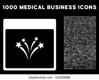 White Fireworks Calendar Page vector icon with 1000 medical business pictograms. Set style is flat symbols, white color, black background.