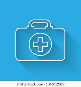 White First aid kit icon isolated with long shadow. Medical box with cross. Medical equipment for emergency. Healthcare concept. Vector Illustration