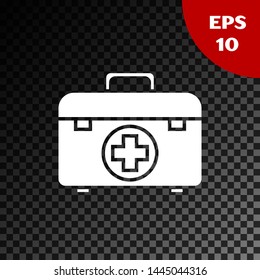 White First aid kit icon isolated on transparent dark background. Medical box with cross. Medical equipment for emergency. Healthcare concept.  Vector Illustration