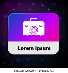 White First aid kit icon isolated on black background. Medical box with cross. Medical equipment for emergency. Healthcare concept. Rectangle color button. Vector Illustration