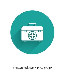 White First aid kit icon isolated with long shadow. Medical box with cross. Medical equipment for emergency. Healthcare concept. Green circle button. Vector Illustration