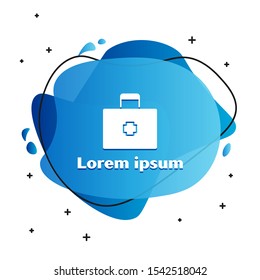 White First aid kit icon isolated on white background. Medical box with cross. Medical equipment for emergency. Healthcare concept. Abstract banner with liquid shapes. Vector Illustration